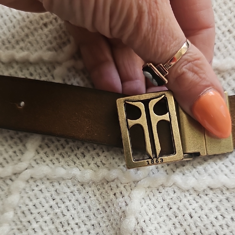 Frye Gold and Brown Leather Belt with Designer Buckle Reversible